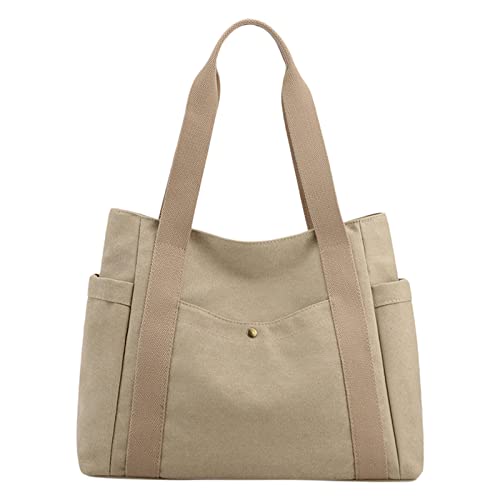 Damen Canvas Tote Handtaschen Multi Pocket Retro Lässige Umhängetasche Top Handle Satchel Tote Purse Zubehör Taschen Nähen (Khaki, One Size) von Generisch
