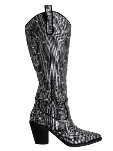 Damen Canvas Western Kniehohe Stiefel mit spitzen Zehen Stiletto Heels und Bling Kristall Details für einen glamourösen Retro Look, Siehe Abbildung, 42.5 EU von Generisch
