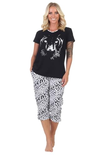 Damen Capri-Pyjama Rundhals Kurzarm Leopard Hose Leo-Print 73573Gr. L 44/46, Schwarz von Generisch