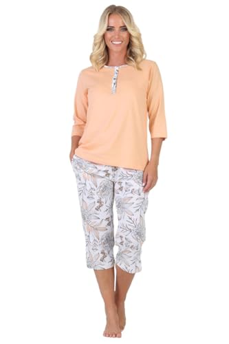 Damen Capri-Pyjama mit Knopfleiste 3/4 Arm Hose Blumen Allover 73512, Gr. 3XL, Apricot von Generisch