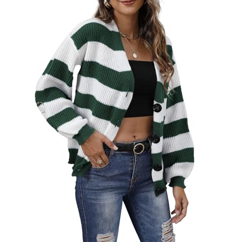 Damen Cardigan Herbst Strickjacke Langarm V-Ausschnitt Gestreift Mit Knöpfen Blockfarben von Generisch
