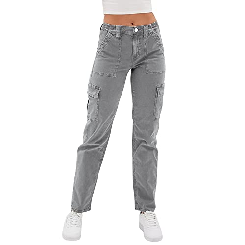 Damen Cargo Einfarbige Jeans Gerade Breites Bein Jeanshose Wide Leg Cargohose Freizeit Hose Stretch Baggy Lang Jeanshosen Mit Seitentaschen High Waist Freizeithose Lockere Damenhosen (Grau, S) von Generisch