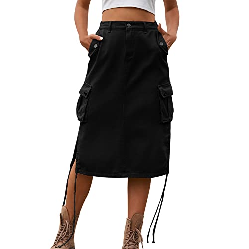 Damen Cargo Rock Streetware Modische Midirock Frauen Frühling Sommer Röcke Midi Einfarbig Elastische Taille Casual Sexy Cargorock Persönlichkeit Lässig Damenrock High Waist (Black, M) von Generisch