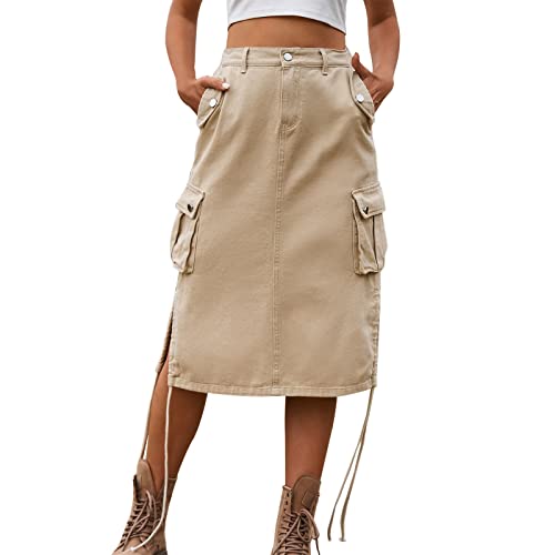 Damen Cargo Rock Streetware Modische Midirock Frauen Frühling Sommer Röcke Midi Einfarbig Elastische Taille Casual Sexy Cargorock Persönlichkeit Lässig Damenrock High Waist (Khaki, XXL) von Generisch