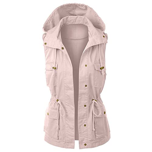 Damen Cargo Weste Ärmellos - Weste Damen Outdoor Kapuze Sweatjacke Grosse Grössen Damenweste Casual Safari-Weste Mit Kordelzug Einfarbig Slim Fit Übergangsweste Leichte Hoodie Anglerweste Outdoorweste von Generisch