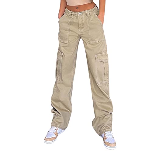 Damen Cargohose Baggy Low Waist Cargo Jeans Gerade Breites Bein Denim Hosen Y2k Aesthetic Vintage Jeanshosen 90er Streetwear Jeanshose Straight Leg Pants Loose Fit Boyfriend Pants Teenager Mädchen von Generisch