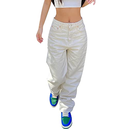 Damen Cargohose Baggy Low Waist Cargo Jeans Gerade Breites Bein Denim Hosen Y2k Aesthetic Vintage Jeanshosen 90er Streetwear Jeanshose Straight Leg Pants Loose Fit Boyfriend Pants Teenager Mädchen von Generisch