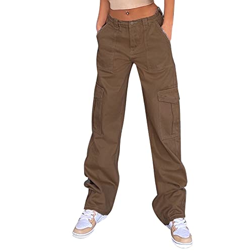 Damen Cargohose Baggy Low Waist Cargo Jeans Gerade Breites Bein Denim Hosen Y2k Aesthetic Vintage Jeanshosen 90er Streetwear Jeanshose Straight Leg Pants Loose Fit Boyfriend Pants Teenager Mädchen von Generisch