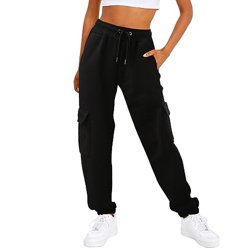 Damen Cargohose Sweathose Einfarbig Sporthose Damen Damen Daily Home Outdoor-Hose mit elastischem Bund und Seitentaschen, lässige Trainingshose, Sweatshirt-Cargohose Cargohose Damen (Black, XL) von Generisch