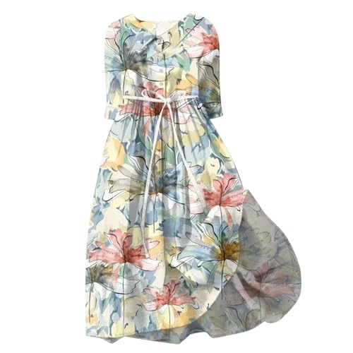 Damen Casual Art Blumendruck Knopfleiste Mittellange Ärmel Lockeres Kleid Mit Weitem Schwung Damen Kleid Tunika (a-Blue, S) von Generisch