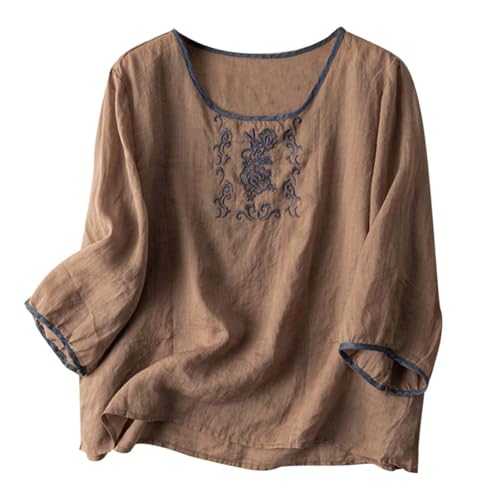 Damen Casual Boho Leinenhemd Blusen Boho Bauer Sommer Blumen Stickerei Tops 2025 Hippie Rüschen Front Tunika für ältere Frauen Loose Fit 3/4 Ärmel Kurzarm Vintage Gaze, khaki, M Damen Casual Boho Leinenhemd Blusen Boho Bauer Sommer Blumen Stickerei Tops 2025 Hippie Rüschen Front Tunika für ältere Frauen Loose Fit 3/4 Ärmel Kurzarm Vintage Gaze, khaki, M von Generisch