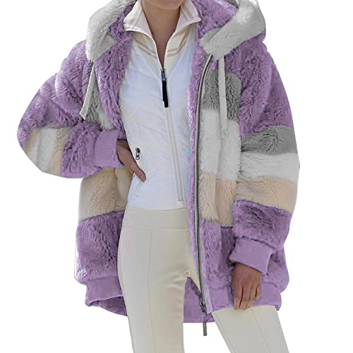 Damen Casual Double Fuzzy Fluffy Hoodie Einfarbig Warmer Stilvoller ReißVerschluss Kapuzenpullover Mit Taschen (5XL,Violett) von Generisch