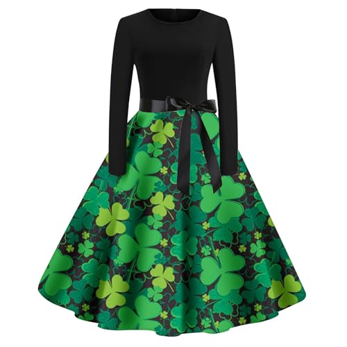 Damen Casual Langer Rock mit Saint.P's Day Print und Rundhalsausschnitt Maxikleid Kurzarm Nachtkleid Kleeblatt Glück Kleid Cocktail 2024 Urlaub Arbeit Kleid St. Patrick's Day Kleid, Schwarz , L von Generisch