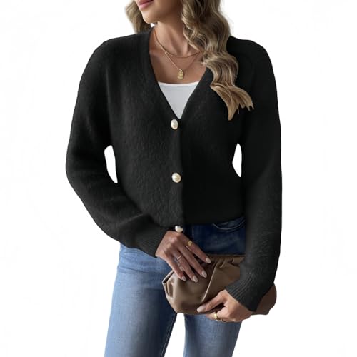 Damen Casual Pearl Knit Cardigan, Frauen Elegant Pearl Button Faux Nerz Front Offen V Ausschnitt Jacke Top mit Perle, Schwarz , M von Generisch