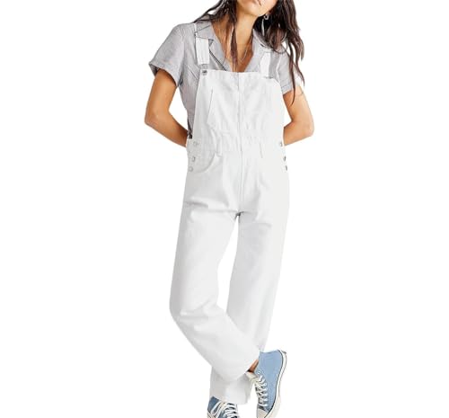 Damen Casual Stretch Denim Overalls mit verstellbaren Trägern Hohe Taille Taschen Weites Bein Loose Fit Overalls für Frauen, weiß, L von Generisch