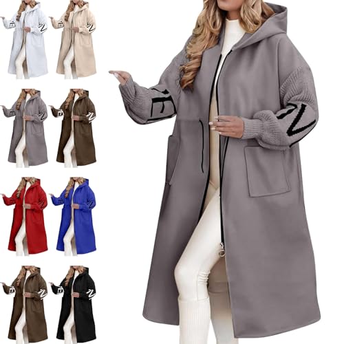 Damen Casual Strickärmel Wolle Trenchcoat Oversized Reißverschluss Kapuze Wollmischung Mantel mit Taschen, grau, XXL Damen Casual Strickärmel Wolle Trenchcoat Oversized Reißverschluss Kapuze Wollmischung Mantel mit Taschen, grau, XXL von Generisch