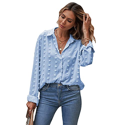 Damen Chiffon Blusen Langarm Button Down Pom Pom Shirts Tops Herbst Casual Polka Dot Tops Shirts (XL,Hellblau) von Generisch