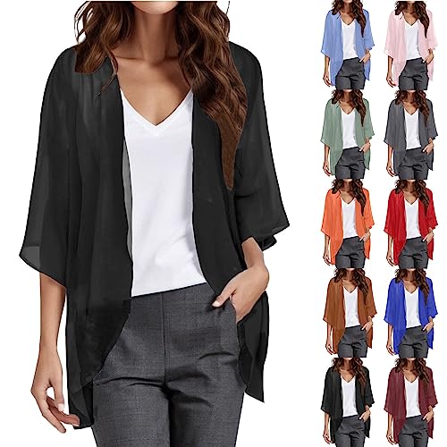 Damen Chiffon Kimono Cardigan 3/4 Arm Bikini Cover Up Blumen Print Leichte Strand Offene Front Jacke für Sommer Schwarz Damen Lang Solide Strand Kimono Strickjacke Damen Dünner Leichte Strandponcho von Generisch