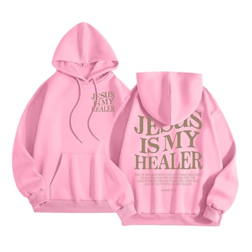 Damen Christian Jesus Is My Healer Hoodies Grafik Sommer Herbst Ästhetische Kapuze Jesus rettet Outfits für Teenager Casual mit Kapuze Strand Dünne Pullover God Trust In The Lord Kleidung Y2K, rose, L von Generisch