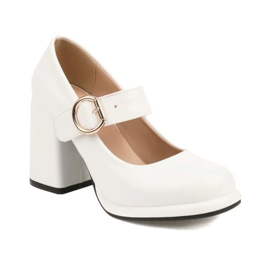 Damen Chunky Plateau Heels Dressy Mary Jane Schuhe Komfort Geschlossene Zehen Schnalle Riemen Pumps für Hochzeit Party Arbeit, weiß, 38 EU Damen Chunky Plateau Heels Dressy Mary Jane Schuhe Komfort Geschlossene Zehen Schnalle Riemen Pumps für Hochzeit Party Arbeit, weiß, 38 EU von Generisch