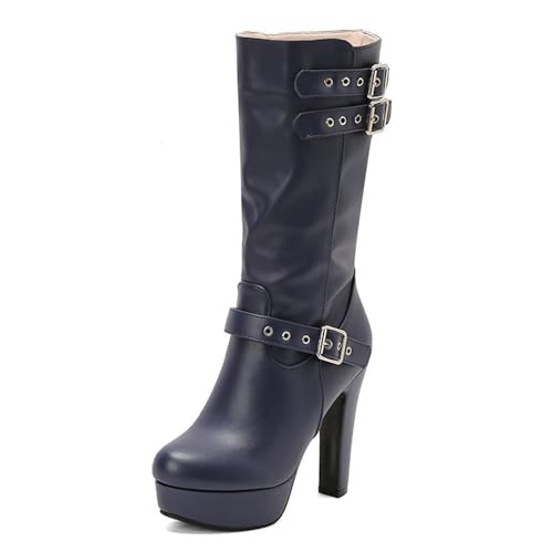 Damen Chunky Plateau Mid Calf Boots Comfort Round Toe Reißverschluss mit Schnalle Riemen Mode Freizeitschuhe, blau, 37EU von Generisch