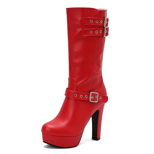 Damen Chunky Plateau Mid Calf Boots Comfort Round Toe Reißverschluss mit Schnalle Riemen Mode Freizeitschuhe, rot, 40 EU von Generisch