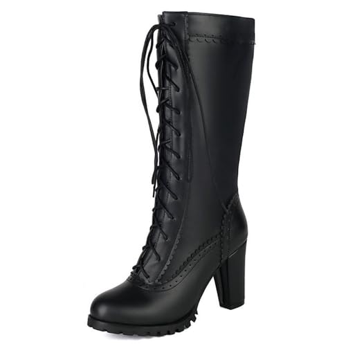 Damen Chunky Plateau Schnürstiefel Kniehohe Stiefel Komfort Runde Zehen Reißverschluss Mode Punk Goth Schuhe, Schwarz , 34 EU von Generisch