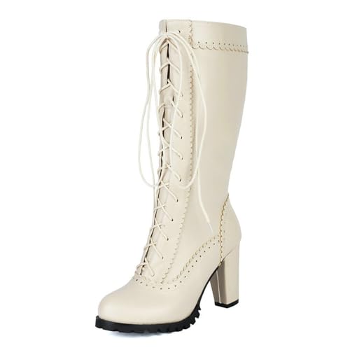 Damen Chunky Plateau Schnürstiefel Kniehohe Stiefel Komfort Runde Zehen Reißverschluss Mode Punk Goth Schuhe, beige, 40 EU von Generisch