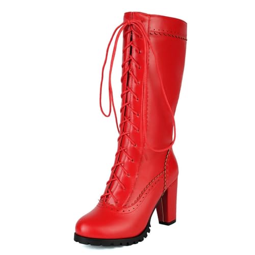 Damen Chunky Plateau Schnürstiefel Kniehohe Stiefel Komfort Runde Zehen Reißverschluss Mode Punk Goth Schuhe, rot, 39 EU von Generisch