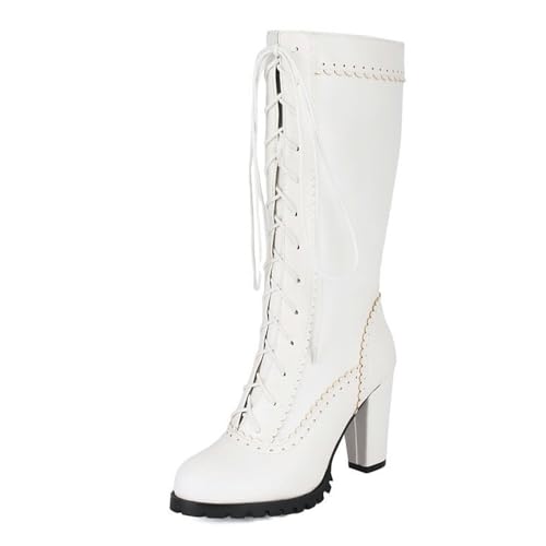 Damen Chunky Plateau Schnürstiefel Kniehohe Stiefel Komfort Runde Zehen Reißverschluss Mode Punk Goth Schuhe, weiß, 39 EU von Generisch