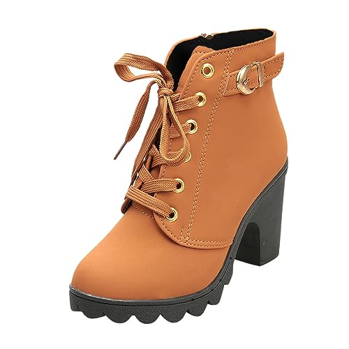 Damen Chunky Plateau Stiefel - High Heel Schnürstiefel Kampfstiefel für Arbeit & Büro Dicke Schneestiefel mit hoher Schnalle Knöchel Booties Bequeme Wanderschuhe für Frauen, braun, 39 EU von Generisch