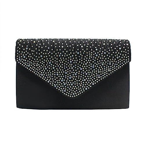 Damen-Clutch, groß, Satin, Brautschmuck, mit Strasssteinen, für Abschlussball, Laptop, Messenger und Schultertaschen, Schwarz , Einheitsgröße von Generisch