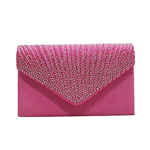 Damen-Clutch, groß, Satin, Brautschmuck, mit Strasssteinen, für Abschlussball, Umschlag, hot pink, Einheitsgröße von Generisch