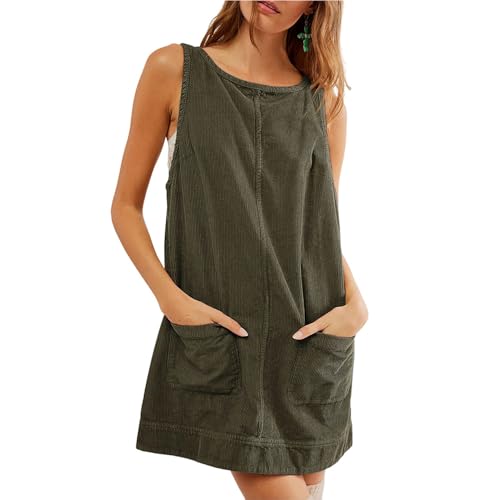 Damen Cord Overall Kleid Casual Rundhals A-Linie Rock Tall Jumper Minikleid Niedlich Ärmellos Kleid mit Taschen, dunkelgrün, S von Generisch