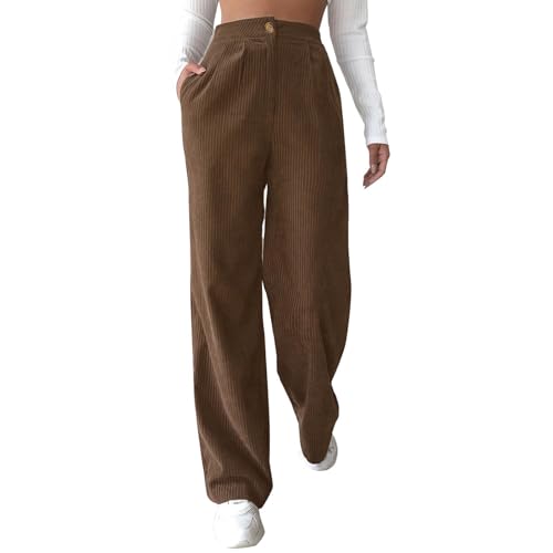 Damen Cordhose Gerade Hohe Taille Mit Taschen Geschnittene Knopf Hose Geschnittene Corduro Wide Leg Hosen Hose Solide Freizeithose Elegant Gerade Hosen Frauen Cord Hosen von Generisch