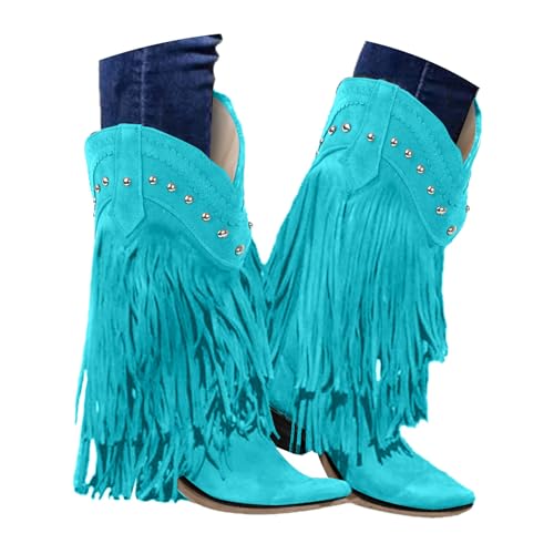 Damen Cowboystiefel Fransen, Wildleder-Optik Stiefeletten Mittelhohe, Bequeme Blockabsatz Stiefel, Trendige Westernstiefel für Damen, Modische Herbst & Winter Schuhe von Generisch