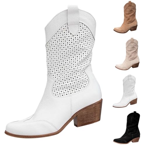 Damen Cowboystiefel Leder Westernstiefel Weiß Kurze Halbstiefel Knöchelhoher Boots Leder Stiefel Niedrige Absatz Schuhe Warm Winterstiefel Atmungsaktiv Stiefeletten Weichen Sohlen Kurzstiefel von Generisch