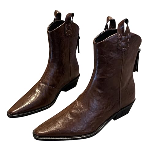 Damen Cowboystiefel Mit Reißverschluss, Chelsea Stiefel Damen Leder Westernstiefel Blockabsatz Spitzen Stiefeletten Herbst Und Winter Knöchelstiefel Vintage Übergangsstiefel Elegant Kurzstiefel von Generisch