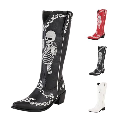 Damen Cowboystiefel Winter Stiefeletten Weiß Wadenhoch Stiefel Chunky Heel Damenstiefel Ohne Verschluss Halbstiefel Echtes Leder Westernstiefel Outdoor Reitstiefel Freizeit High Heels von Generisch
