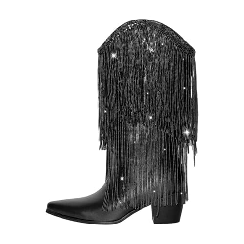 Damen Cowboystiefel mit spitzem Zehenbereich und schwarzen Strasssteinen und Fransendetails für glamouröse Partys, Cd230933a, 45 EU von Generisch