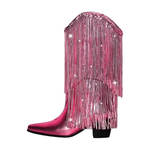 Damen Cowboystiefel mit spitzem Zehenbereich und schwarzen Strasssteinen und Fransendetails für glamouröse Partys, Cd230933c, 41 EU von Generisch