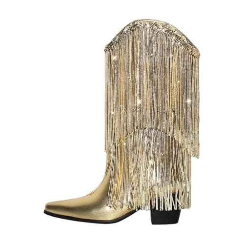 Damen Cowboystiefel mit spitzem Zehenbereich und schwarzen Strasssteinen und Fransendetails für glamouröse Partys, Cd230933d, 47 EU von Generisch