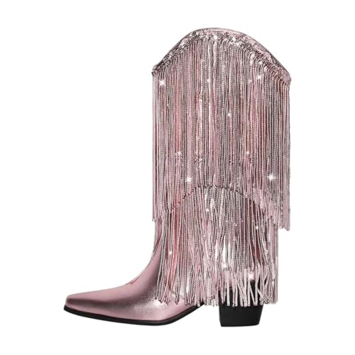 Damen Cowboystiefel mit spitzem Zehenbereich und schwarzen Strasssteinen und Fransendetails für glamouröse Partys, Cd230933e, 48 EU von Generisch