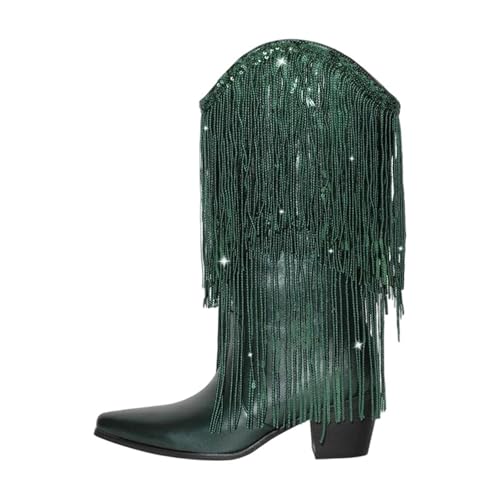 Damen Cowboystiefel mit spitzem Zehenbereich und schwarzen Strasssteinen und Fransendetails für glamouröse Partys, Cd230933f, 42.5 EU von Generisch