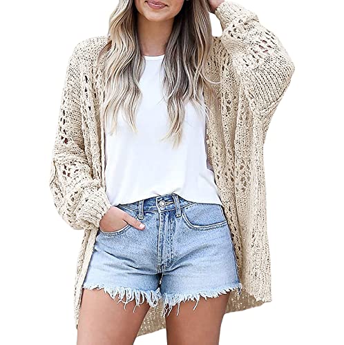 Damen Crochet Cardigan Kimono Boho Langarm Leichter, Weicher Oversized-Strickpullover Mit Offener Vorderseite (S,Creme Farben) von Generisch