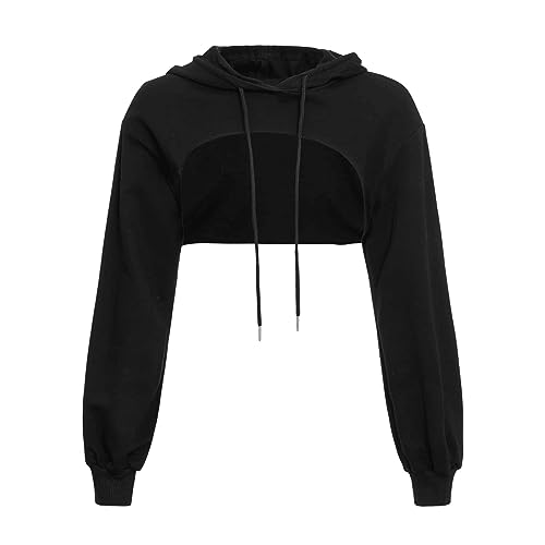 Damen Crop Hoodie Pullover Sehr Kurz Sweatshirts Langarm Pulli Rundkragen Cut Outs Shirts mit Kapuze Kapuzenpullover Sport Style Kapuzenshirt Weich Bequeme Freizeithemden Schwarz Oberteil von Generisch
