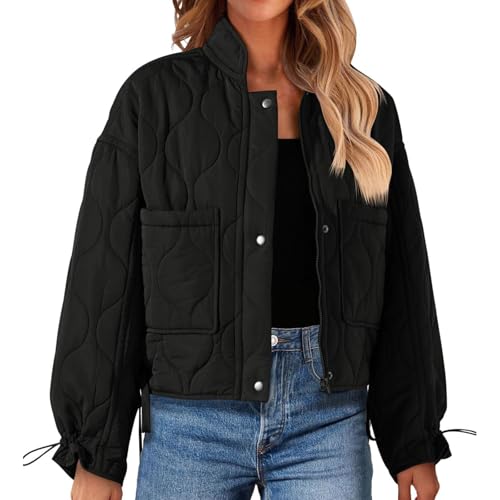 Damen Cropped-Jacke mit Reißverschluss, warm, gesteppt, langärmelig, Stehkragen, Wintermäntel für Damen, Schwarz , S von Generisch