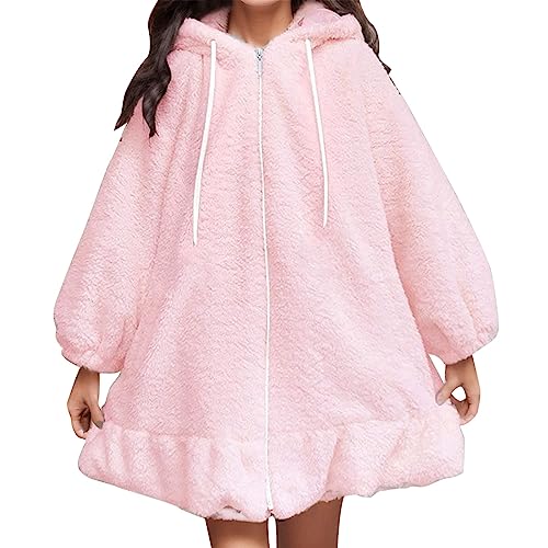 Damen Cute Bunny Ear Langarm Fuzzy Fluffy Rabbit Tops Sweatshirt Hoodie Jacke Warmer Mantel für Mädchen Kawaii Oberteil Reißverschluss Einfarbig Casual Sweatshirt Kapuzenpullover von Generisch