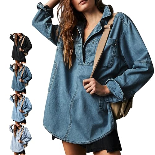 Damen Denim Pullover Casual Button V Ausschnitt Bluse Loose Fit Langarm Jeansjacke Tops Shirt mit Tasche von Generisch