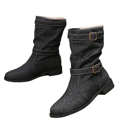 Damen Denim-Stiefeletten mit Schnallenriemen, breite Wadenstiefel, zum Überziehen, niedriger Absatz, Denim-Stiefeletten für Frauen, Arbeit, Wandern, Schwarz , 36 EU von Generisch